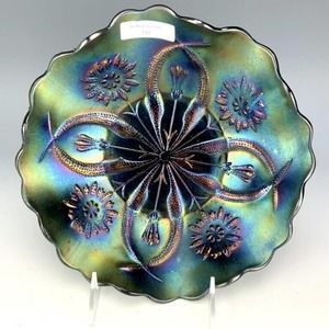 Brockowitz large four flowered blue carnival glass bowl